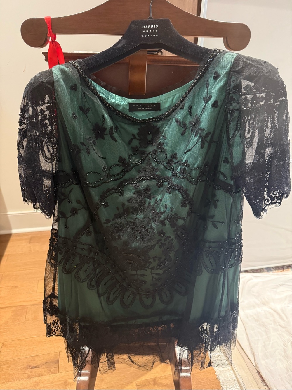 Twin-Set Emerald Green Sheer Lace Overlay Top with Black Beaded Detail